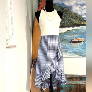⭐️Vince Camuto Tiered Blue Stripe,Layered Ruffle Hem,Sleeveless, EUC Size 2